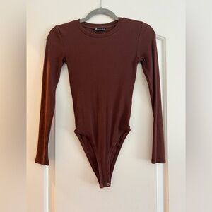Zara Chocolate Brown Ribbed Long Sleeve Bodysuit - Size Small